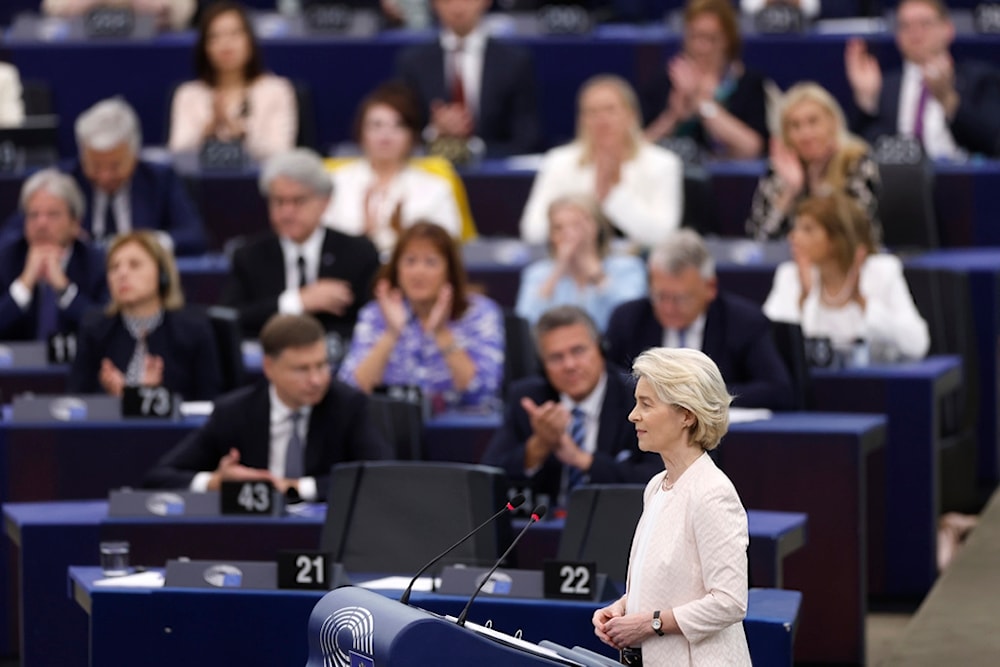European Commission President Ursula von der Leyen addresses the plenary at the European Parliament in Strasbourg, eastern France, Thursday, July 18, 2024. (AP Photo/Jean-Francois Badias)