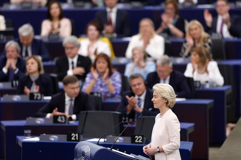 European Commission President Ursula von der Leyen addresses the plenary at the European Parliament in Strasbourg, eastern France, Thursday, July 18, 2024. (AP Photo/Jean-Francois Badias)