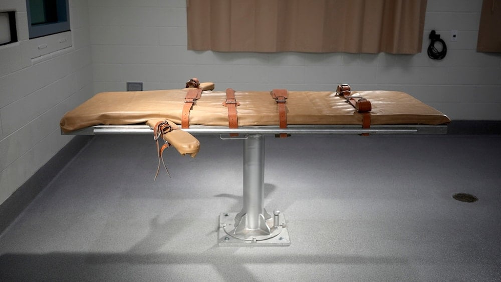 The lethal injection table is shown in the execution chamber at the Utah State Correctional Facility after the Taberon Honie execution Thursday, August 8, 2024, in Salt Lake City. (AP Photo/Rick Bowmer, Pool)
