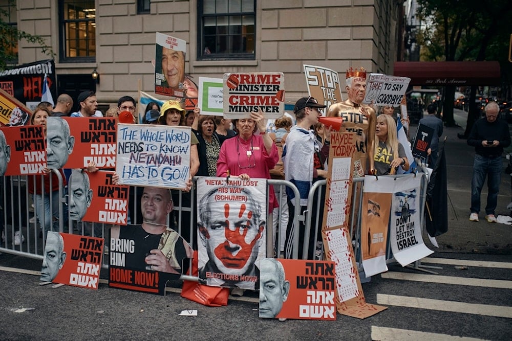 People protest against Israeli Prime Minister Benjamin Netanyahu during the 79th session of the United Nations General Assembly, in New York, on Friday, September 27, 2024 (AP)