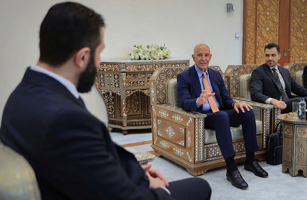 US Ambassador to Turkey and Special Envoy to Syria Tom Barrack, meets with Syria's interim President Ahmad al-Sharaa, in Damascus, Syria, Monday, Aug. 25, 2025 (AP)