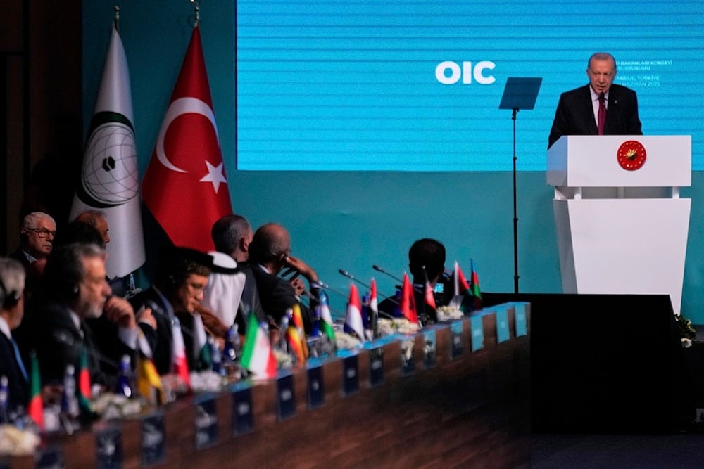 Turkey's President Recep Tayyip Erdogan gives an opening speech during the Council of Foreign Ministers of the Organization of Islamic Cooperation meeting, in Istanbul, Turkey, Saturday, June 21, 2025 (AP)