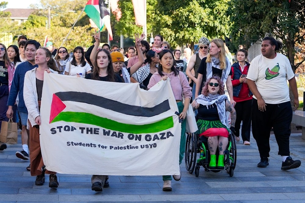 Pro-Palestinian protesters demonstrate at the University of Sydney to protest the Israel Hamas war, Wednesday, April 24, 2024 (AP)