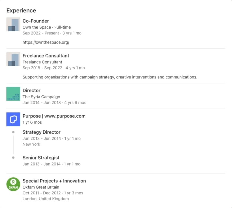 Anna Nolan’s LinkedIn page showing the overlap between working at Purpose and setting up the Syria Campaign.
