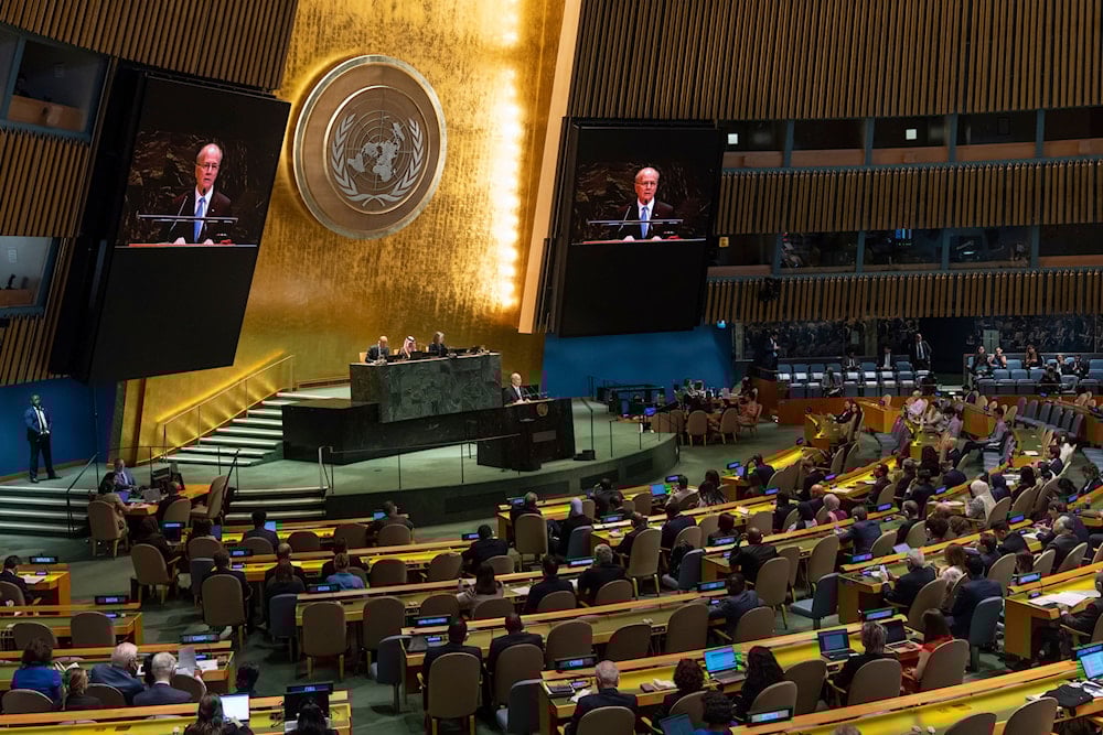 Palestinian Prime Minister Mohammed Mustafa speaks during the International Conference for the Peaceful Settlement of the Question of Palestine and the Implementation of the 