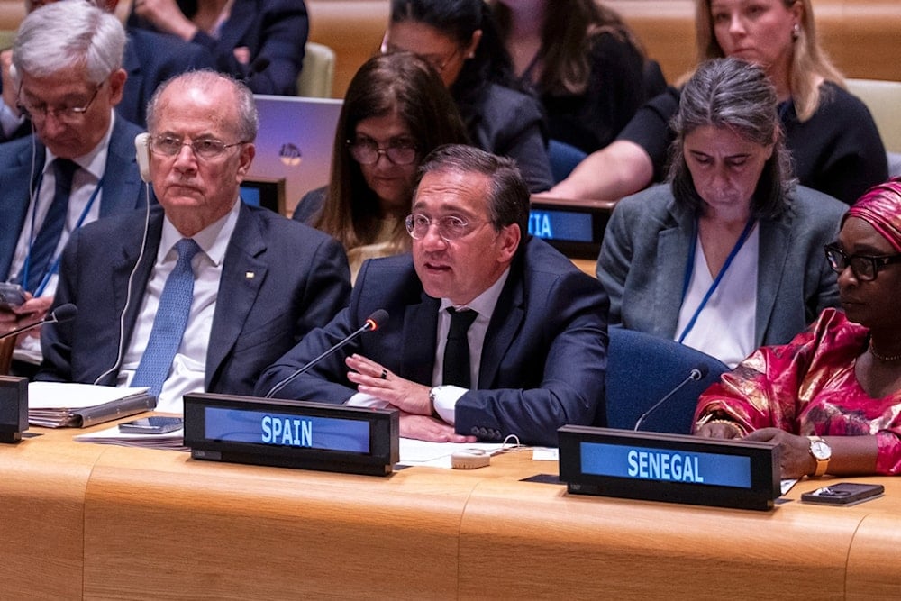 José Manuel Albares, Minister of Foreign Affairs, European Union and Cooperation of Spain, speaks at the UN Headquarters during an international conference on a peaceful resolution to the Palestinian cause on Monday, July 28, 2025 (AP)