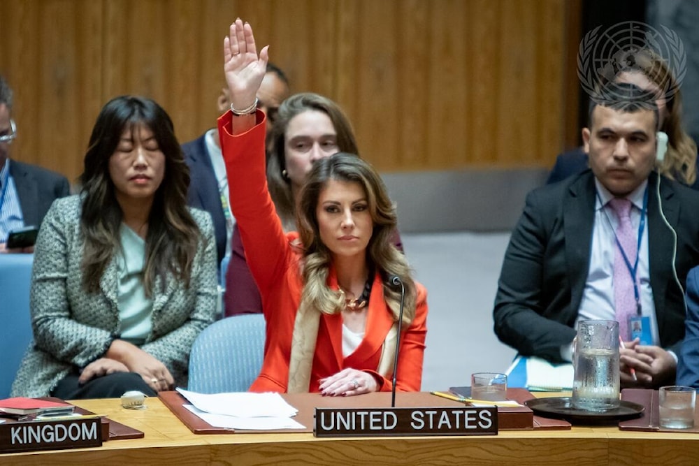 Photo of Morgan Ortegus, Minister Counsellor of the United States Mission to the United Nations, voting against a draft resolution demanding an immediate, unconditional, and permanent ceasefire in Gaza (UN)