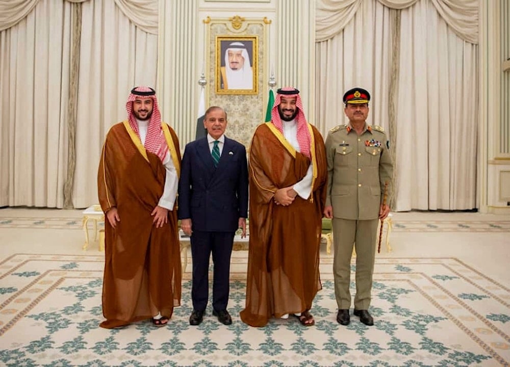 Saudi Crown Prince Mohammed bin Salman, Saudi Defense Minister Khalid bin Salman, Pakistan's Prime Minister Shehbaz Sharif, and Pakistan's Army Chief Field Marshal Asim Munir in Riyadh, Saudi Arabia, Wednesday, September 17, 2025 (AP)