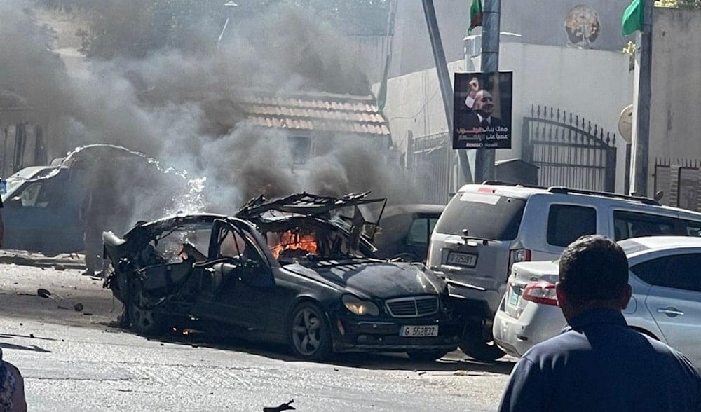 A car burns after being targeted by an Israeli drone near Tebnin Hospital, South Lebanon, on September 19, 2025 (Social media)