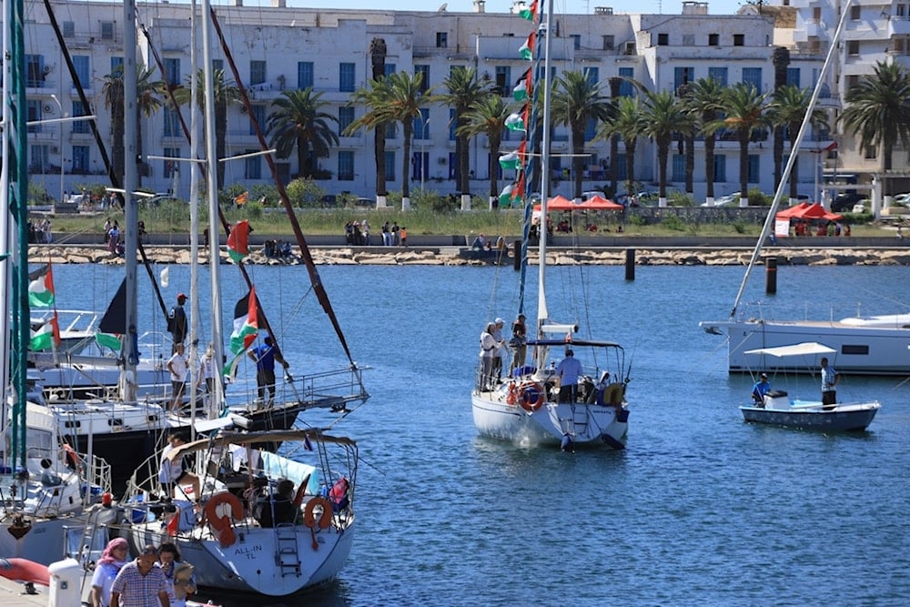 A boat that is part of the Global Sumud Flotilla departs to Gaza to deliver aid amidst the Israeli blockade on the Palestinian territory, in the Tunisian port of Bizerte, Saturday, September 13, 2025 (AP)