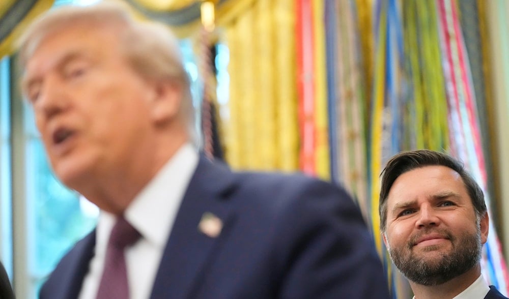 President Trump speaks as Vice President JD Vance listens during an event about the relocation of U.S. Space Command headquarters from Colorado to Alabama in the Oval Office of the White House, Sept. 2, 2025, in Washington. (AP)