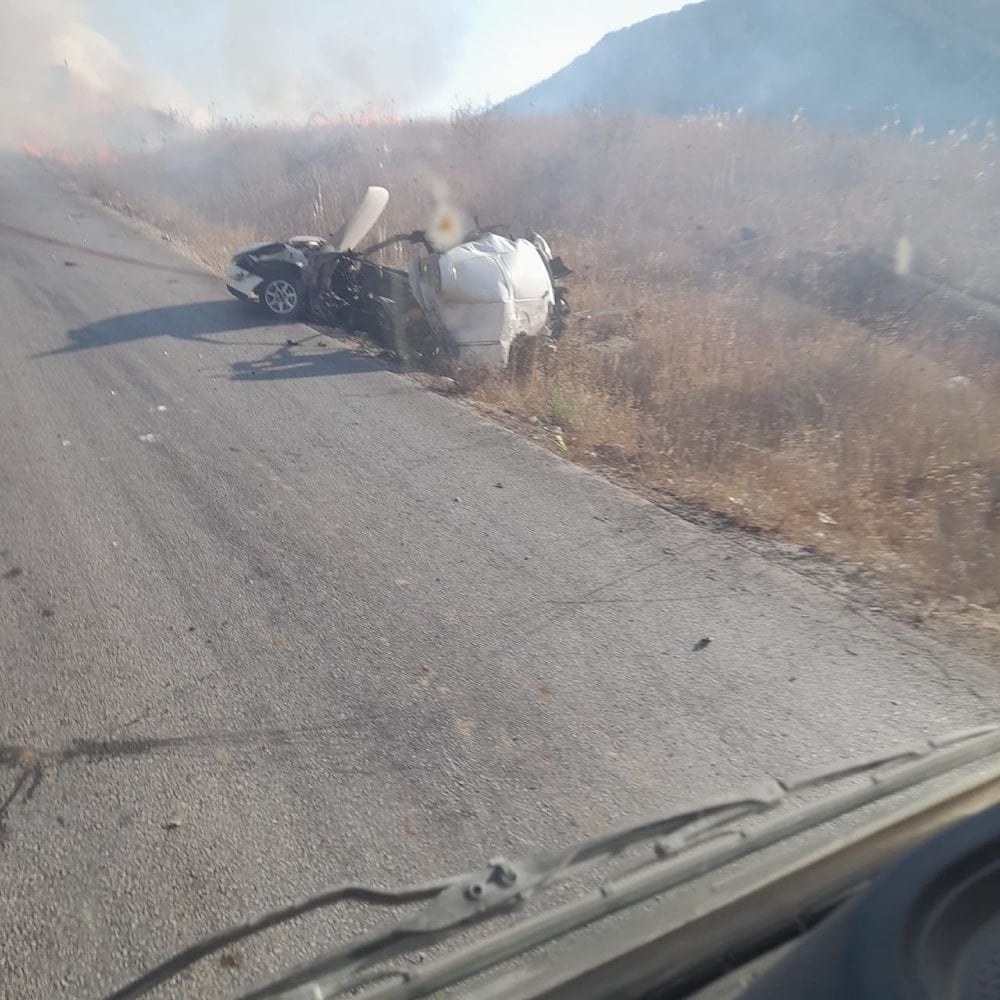 An express van hit by an Israeli drone strike in Khardali, southern Lebanon, September 20, 2025 (Social media)