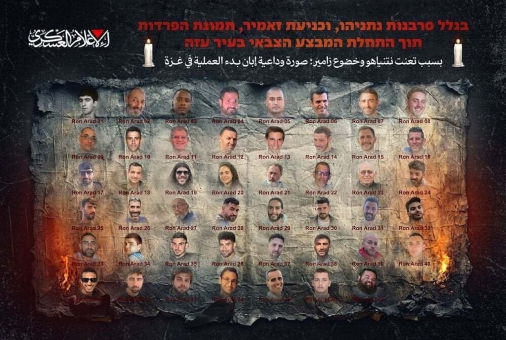 The poster published by Al-Qassam Brigades, showing all the Israeli captives left in Gaza, September 20, 2025 (Al-Qassam Military Media)