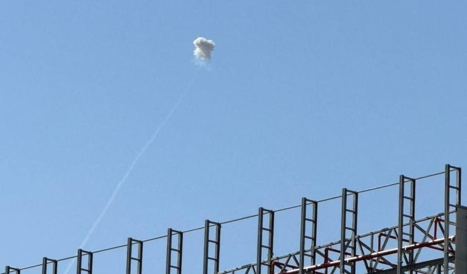 Smoke appears in the sky after a rocket launched from Gaza was intercepted by Israeli air defenses, Asdod, Occupied Palestine, September 21, 2025 (social media)
