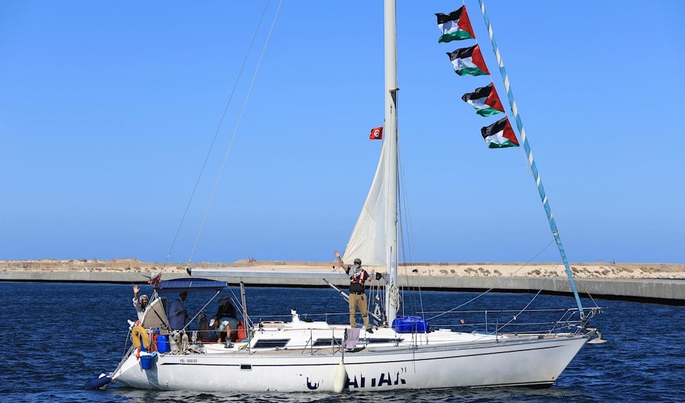 A boat that is part of the Global Sumud Flotilla departs to Gaza to deliver aid amidst Israel's blockade on the Palestinian territory, in the Tunisian port of Bizerte, Saturday, Sept. 13, 2025. (AP)
