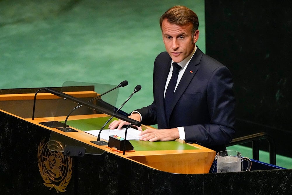 French President Emmanuel Macron speaks during a high-profile meeting at the United Nations aimed at galvanizing support for a two-state solution to the Israeli-Palestinian conflict Monday, Sept. 22, 2025, at UN headquarters (AP)