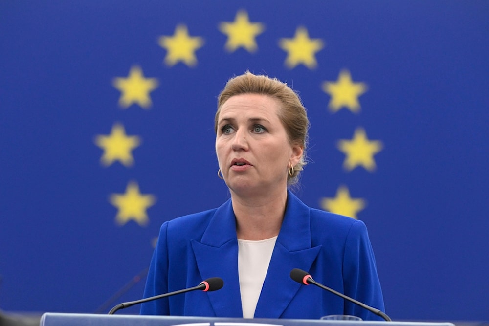 Denmark's Prime Minister Mette Frederiksen delivers her speech as Denmark holds the rotating presidency of the Council of Europe, Tuesday, July 8, 2025 at the European Parliament in Strasbourg, eastern France. (AP Photo/Pascal Bastien)