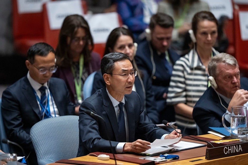 China's deputy permanent representative to the United Nations, Geng Shuan,g speaks during a Security Council meeting, Tuesday, September 23, 2025, at UN headquarters (AP)