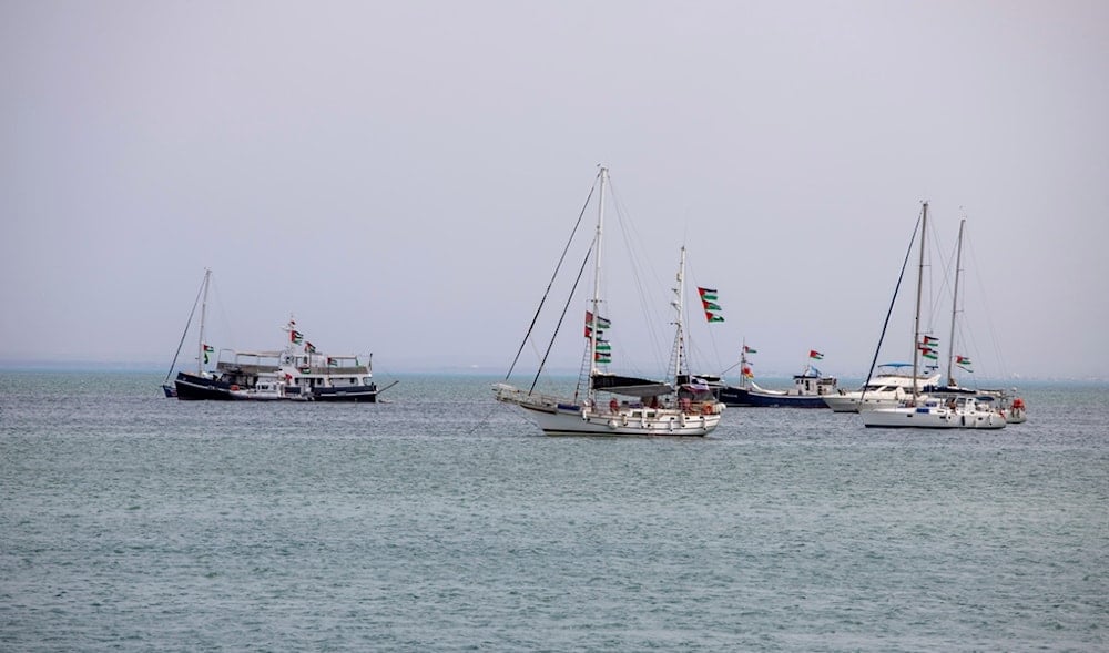 Ships that are part of the Global Sumud Flotilla heading to Gaza are anchored off the coast of Sidi Bou Said in Tunis, Tunisia, Tuesday, Sept. 9, 2025. (AP)