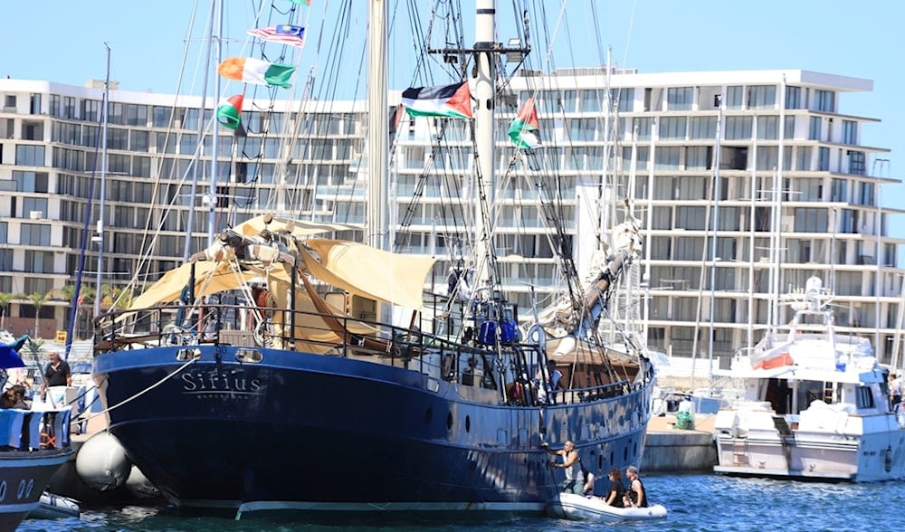 A ship that is part of the Global Sumud Flotilla prepares to depart to Gaza to deliver aid amidst Israel's blockade on the Palestinian territory, in the Tunisian port of Bizerte, Saturday, Sept. 13, 2025. (AP)