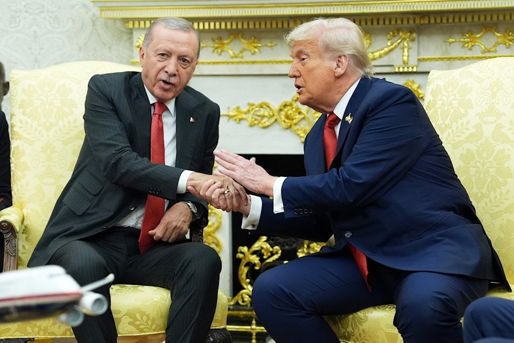 President Donald Trump, right, shakes the hand of Turkish President Recep Tayyip Erdogan during a meeting in the Oval Office of the White House, Thursday, Sept. 25, 2025, in Washington (AP)
