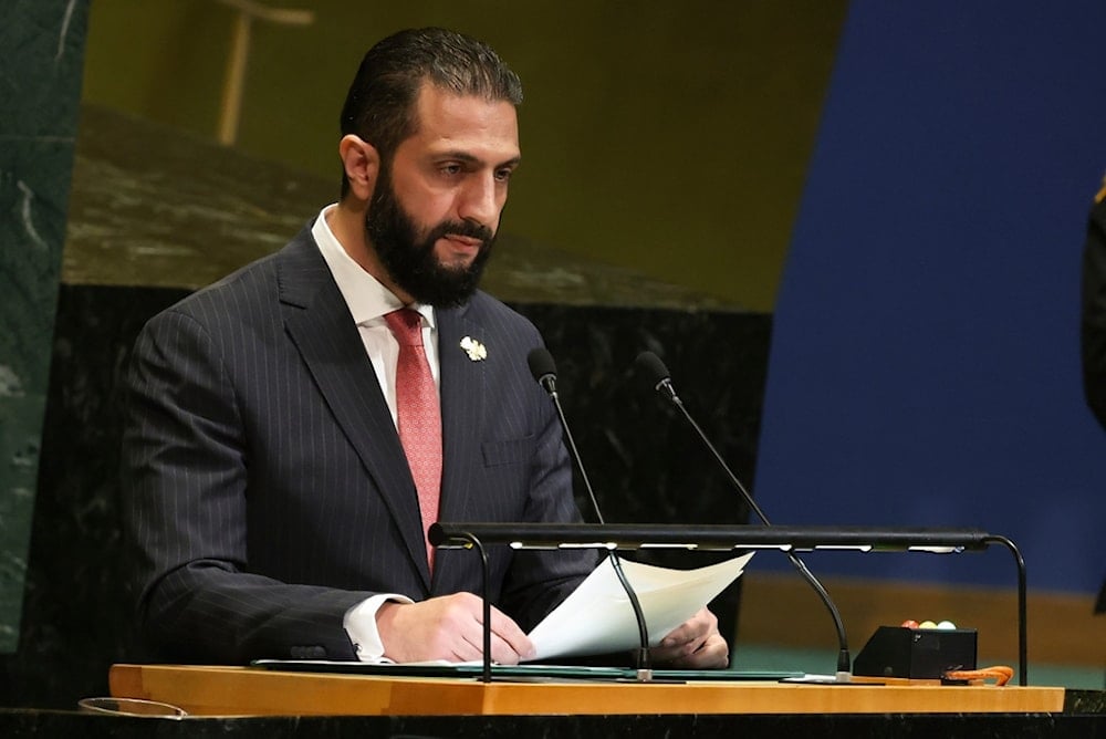 Syrian interim President Ahmad Al-Sharaa speaks during the 80th session of the United Nations General Assembly, Wednesday, Sept. 24, 2025, at UN headquarters. (AP)