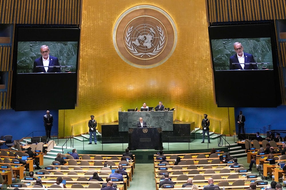 Iran President Masoud Pezeshkian addresses the 80th session of the United Nations General Assembly, Wednesday, Sept. 24, 2025 (AP)