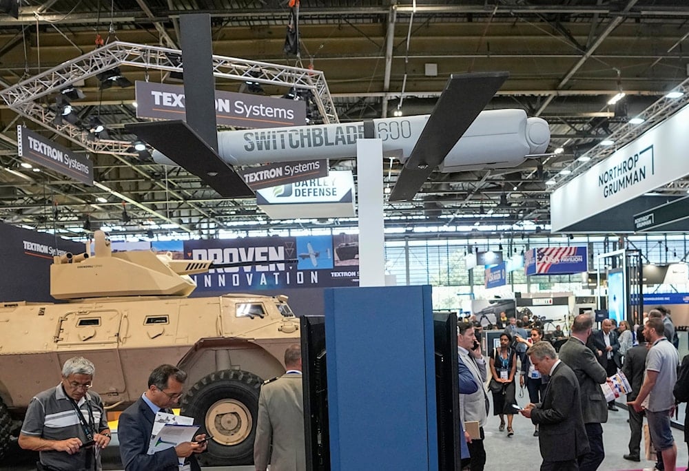 A Switchblade 600 loitering missile drone manufactured by AeroVironment is displayed at the Eurosatory arms show in Villepinte, north of Paris, on June 14, 2022 (AP)