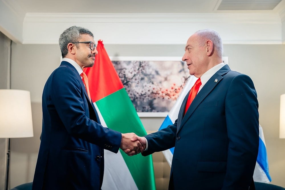 UAE foreign minister Sheikh Abdullah bin Zayed shakes hands with Israeli PM Benjamin Netanyahu at the sidelines of the United Nations General Assembly, New York, United States, September 27, 2025 (X/ @OFMUAE)