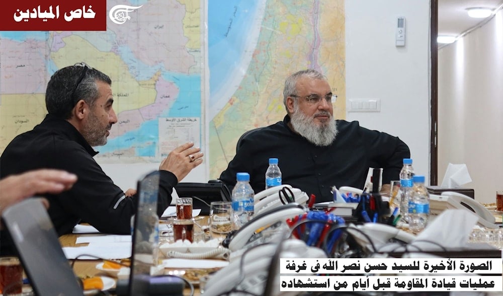 Last photo showing Martyr Sayyed Hassan Nasrallah and Martyr Hajj Hassan in a Resistance operations room, Beirut's southern suburb, Lebanon, days before their martyrdom (Al Mayadeen)