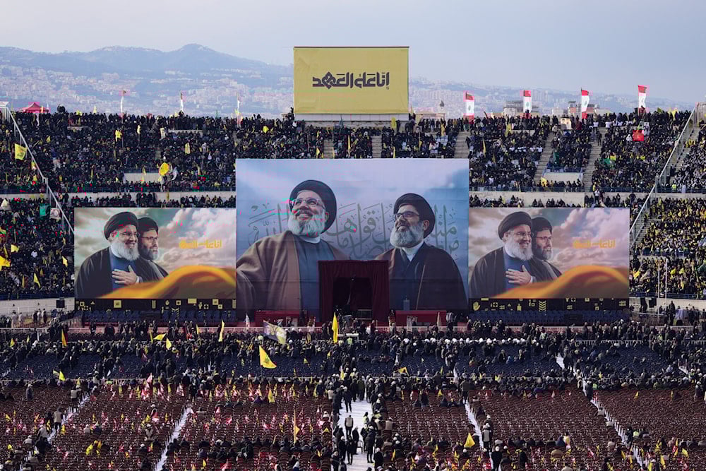 Images depicting the Hezbollah's former leader Sayyed Hassan Nasrallah, and his cousin and successor Sayyed Hashem Safieddine are displayed during their funeral ceremony at the Sports City Stadium in Beirut, Lebanon, Sunday, Feb. 23, 2025 (AP)