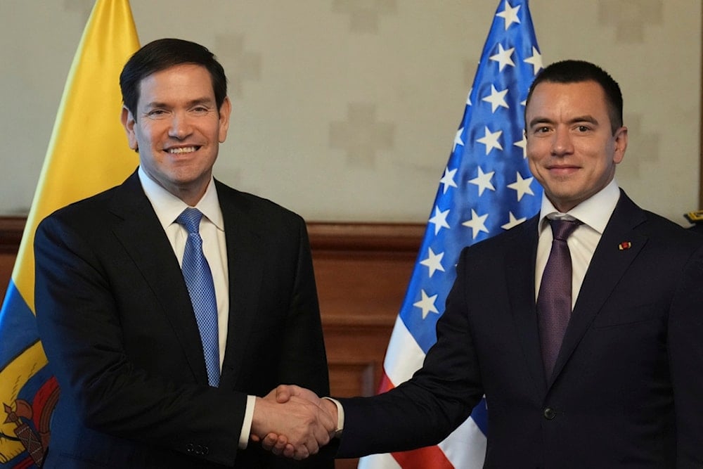 U.S. Secretary of State Marco Rubio and Ecuador's President Daniel Noboa, right, shake hands at the presidential palace in Quito, Ecuador, Thursday, September 4, 2025. (AP Photo/Jacquelyn Martin, pool)