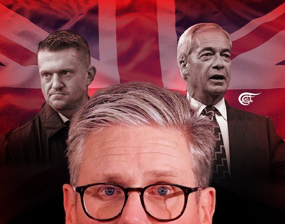 Starmer needs to show the kind of commitment to fighting fascism at home that he now seems willing to start to demonstrate, at least in words, in opposing violent oppression overseas. (Al Mayadeen English; Illustrated by Zeinab el-Hajj)