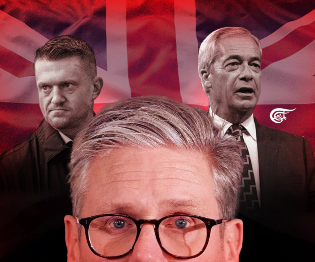 Starmer needs to show the kind of commitment to fighting fascism at home that he now seems willing to start to demonstrate, at least in words, in opposing violent oppression overseas. (Al Mayadeen English; Illustrated by Zeinab el-Hajj)