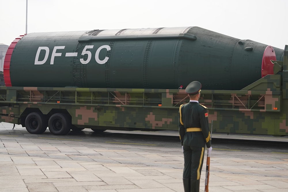 The DF-5C liquid-fueled intercontinental strategic nuclear missile takes part in a military parade to commemorate the 80th anniversary of Japan's World War II surrender held in front of Tiananmen Gate in Beijing, Wednesday, Sept. 3, 2025 (AP)