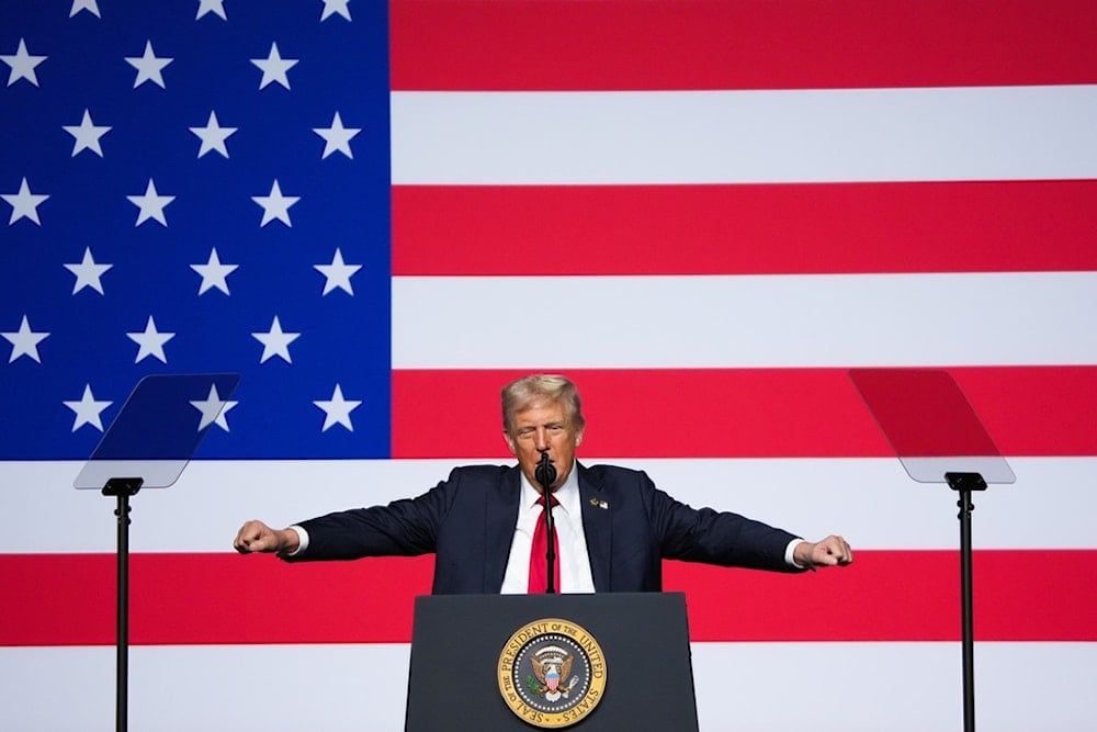 US President Donald Trump speaks to a gathering of top U.S. military commanders at Marine Corps Base Quantico, Tuesday, Sept. 30, 2025, in Quantico, Va. (Andrew Harnik/Pool via AP)