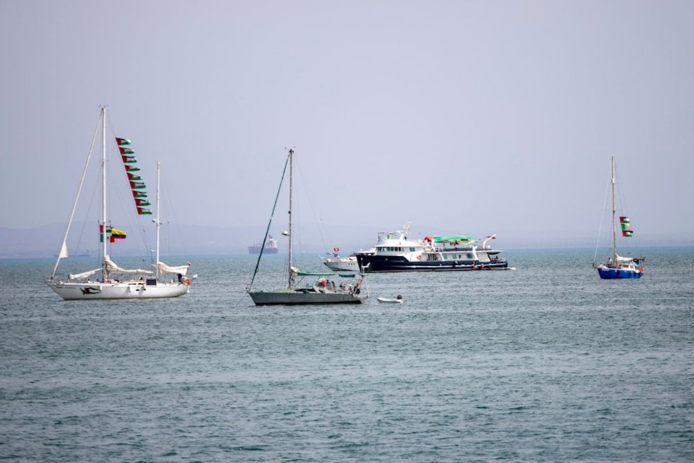 Ships that are part of the Global Sumud Flotilla heading to Gaza are anchored off the coast of of Sidi Bou Saïd in Tunis, Tunisia, Tuesday, September 9, 2025. (AP Photo/Anis Mili)