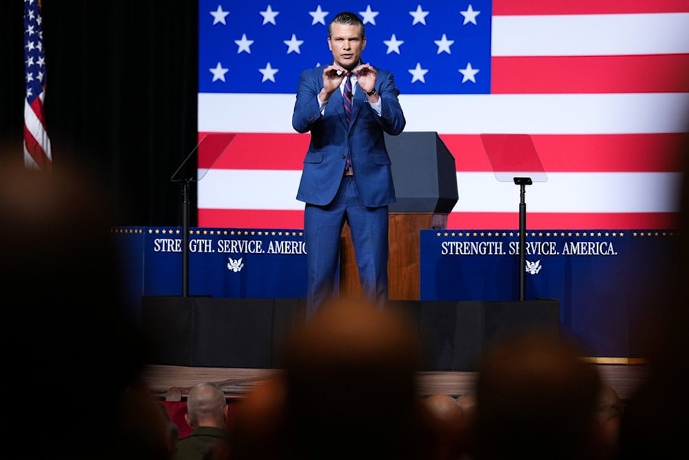 Secretary of Defense Pete Hegseth speaks to senior military leaders at Marine Corps Base Quantico, Tuesday, September 30, 2025 in Quantico, Va. (Andrew Harnik/Pool via AP)