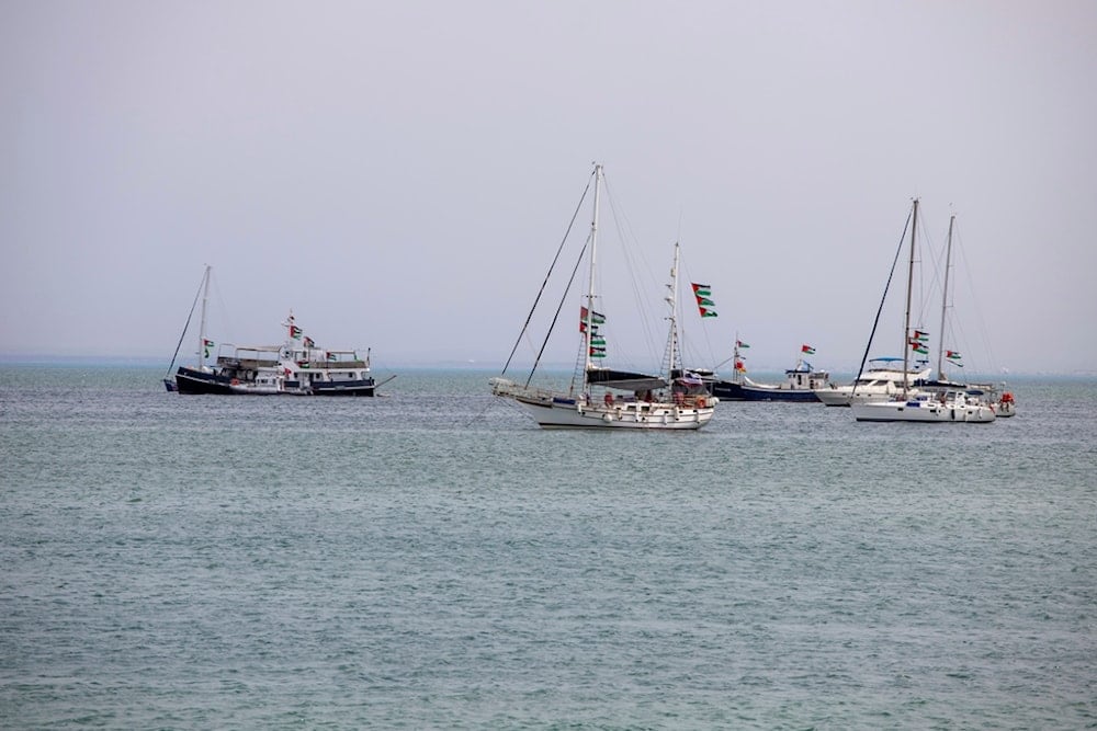 Ships that are part of the Global Sumud Flotilla heading to Gaza are anchored off the coast of Sidi Bou Said in Tunis, Tunisia, Tuesday, September 9, 2025. (AP Photo/Anis Mili)