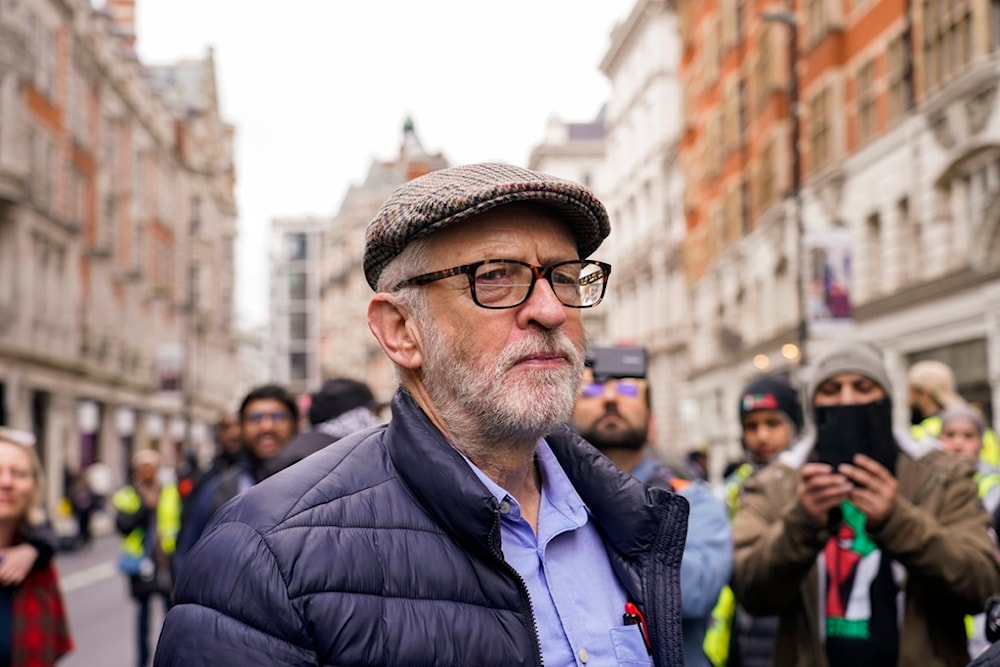Jeremy Corbyn attends a demonstration in support of the Palestinian people in Gaza, in London, Saturday, Feb. 17, 2024. (AP Photo/Alberto Pezzali)