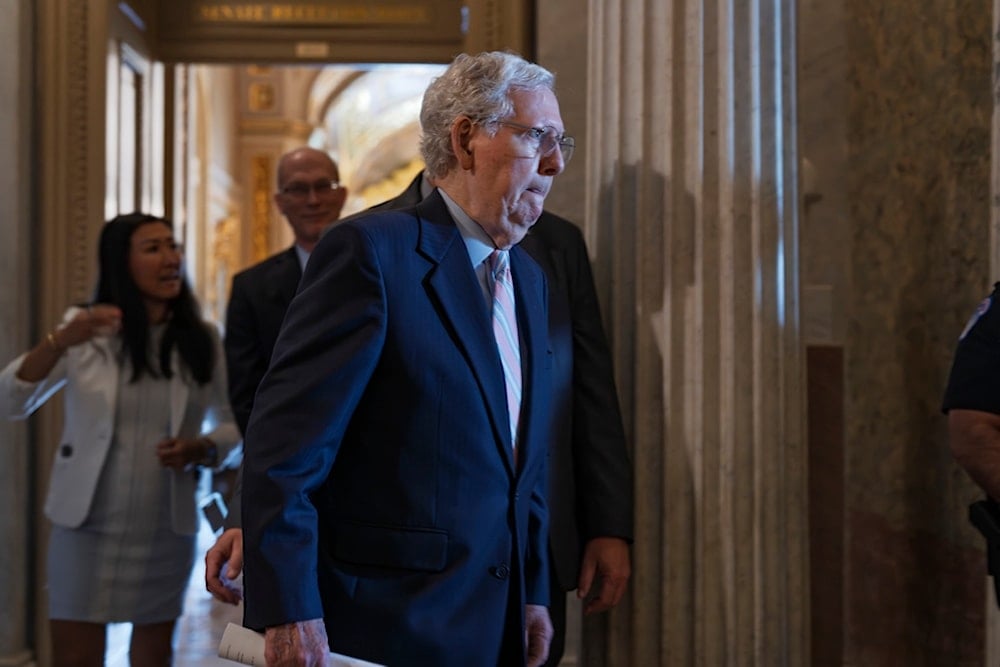 Sen. Mitch McConnell, R-Ky., leaving the chamber after Republicans clawed back previously passed funding for public broadcasting and foreign aid spending, at the Capitol in Washington, Thursday, July 17, 2025. (AP Photo/J. Scott Applewhite)