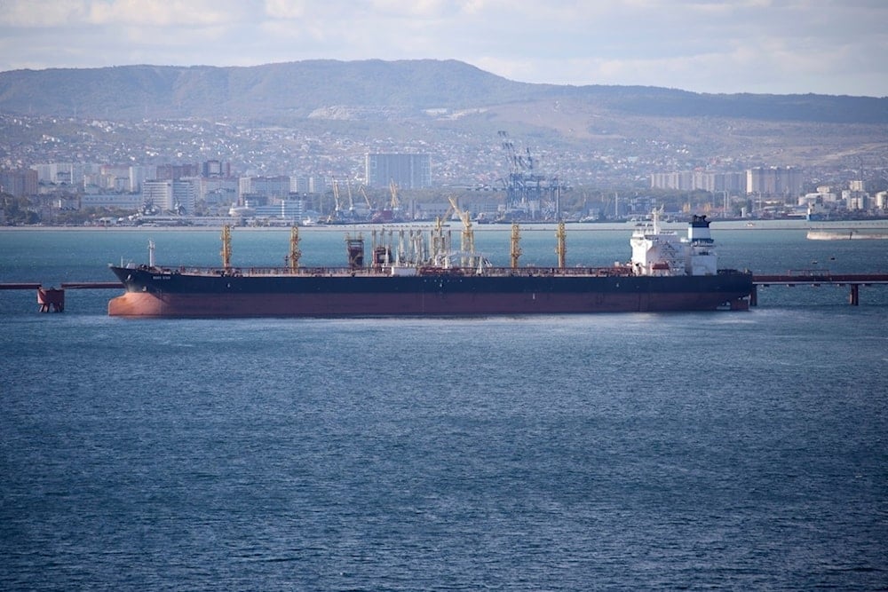 An oil tanker is moored at the Sheskharis complex, part of Chernomortransneft JSC, a subsidiary of Transneft PJSC, in Novorossiysk, Russia, on Oct. 11, 2022. (AP Photo, File)