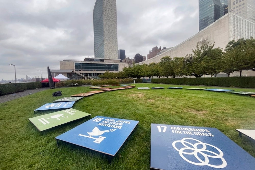 Tiles depicting the United Nations’ Sustainable Development Goals are displayed outside the U.N. General Assembly Hall at the United Nations, Saturday, Sept. 23, 2023. (AP)