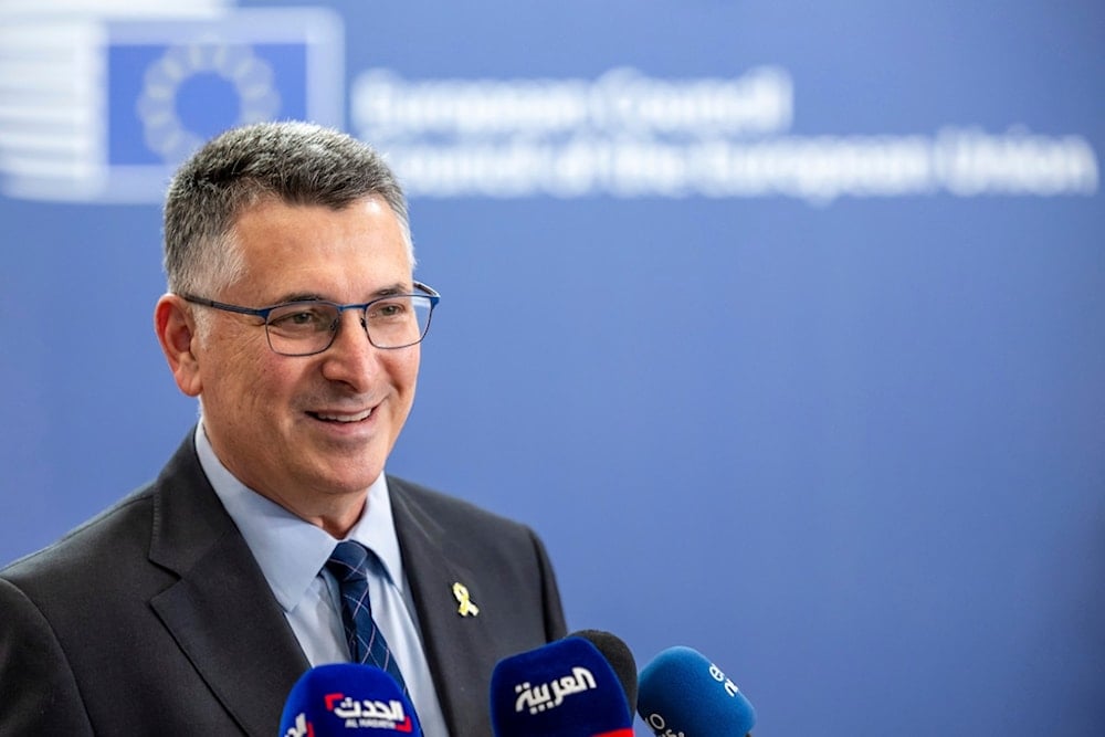 Israeli Foreign Minister Gideon Sa'ar talks with journalists as he arrives for the EU-Southern Neighbourhood ministerial meeting at the EU Council building in Brussels, Monday, July 14, 2025 (AP)