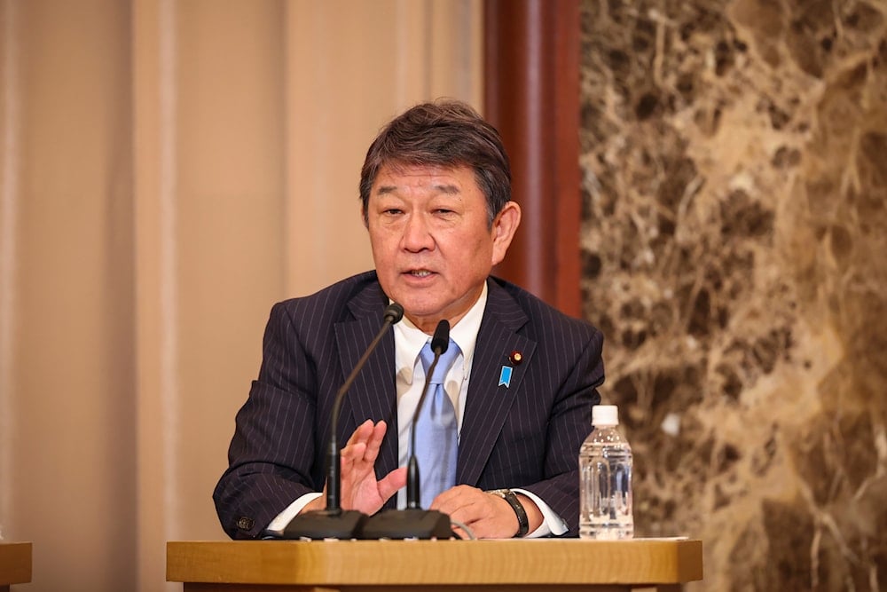 Japan's Liberal Democratic Party (LDP) Secretary General Toshimitsu Motegi, a candidate for the party's presidential election, speaks during a debate at the Japan National Press Club in Tokyo Saturday, Sept. 14, 2024 (AP)