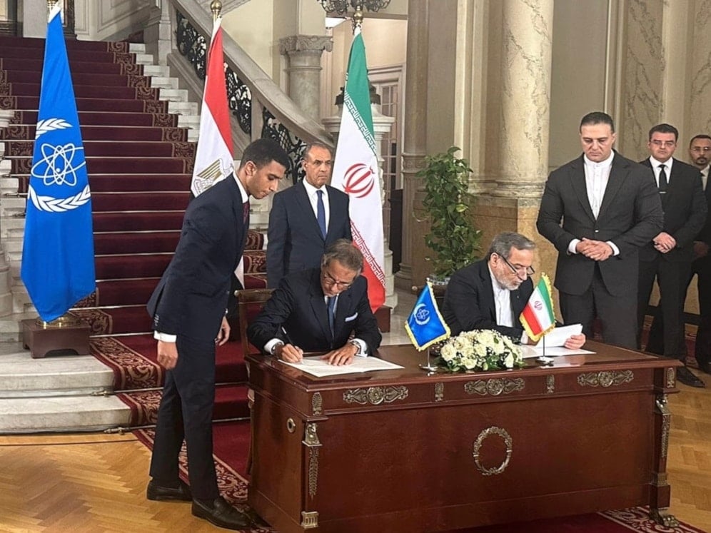 Iranian Foreign Minister and the Director General of the International Atomic Energy Agency sign a new agreement to resume nuclear cooperation between the two sides, September 9, 2025.